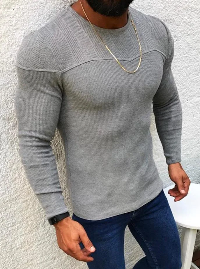 Men's Casual Plain Slim Long Sleeve Round Neck Pullover Sweater