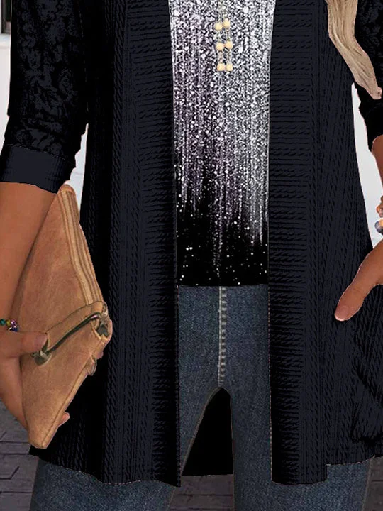 Women Long Sleeve Scoop Neck Polka Dot Printed Printed Graphic Pockets Lace Two-Pieced Tops