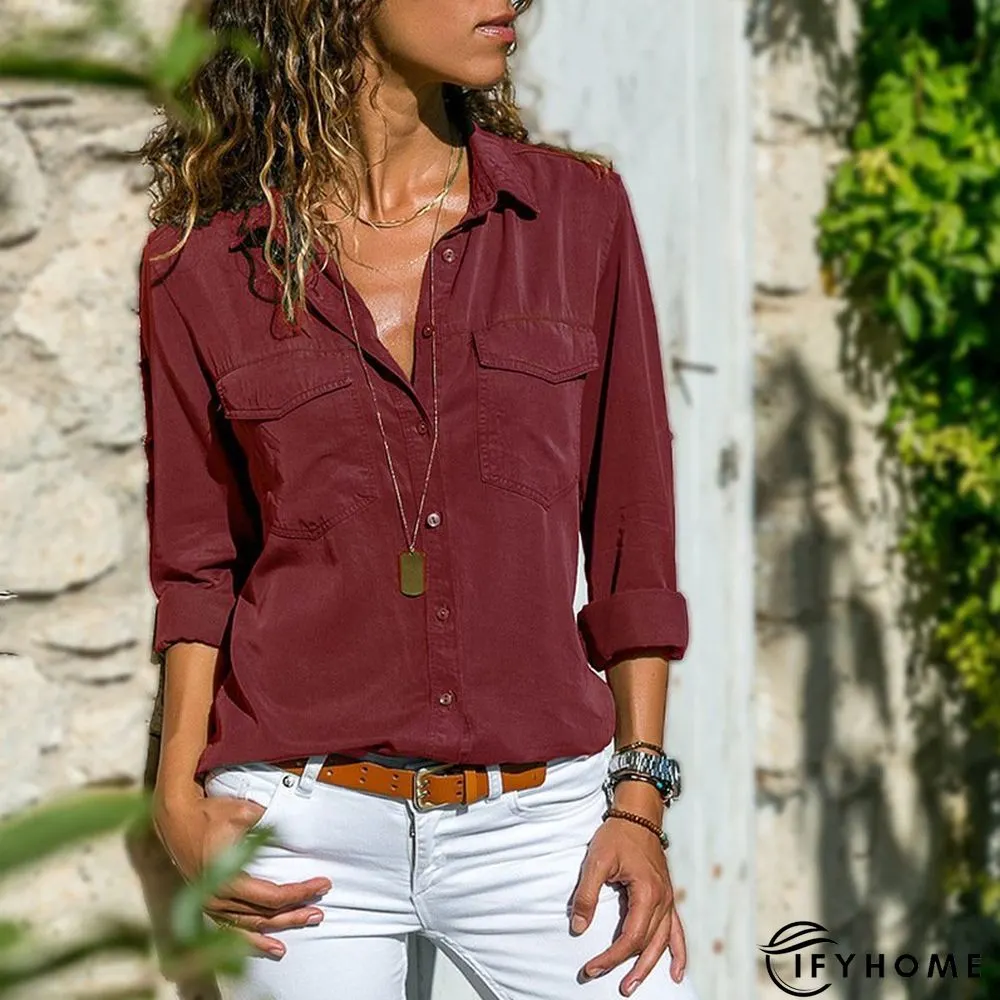 Women Fashion Turn Down Collar Solid  V Neck Long Sleeve Blouse | IFYHOME