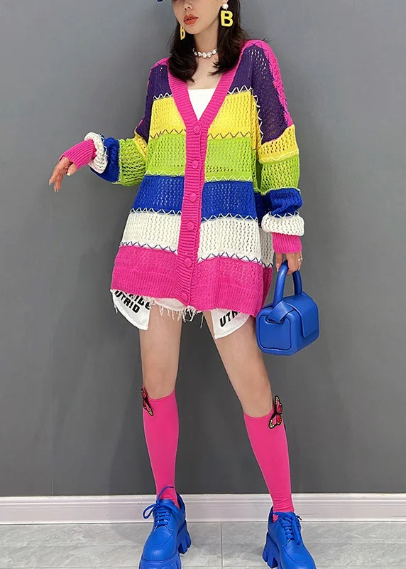 Cute Red V Neck Hollow Out Striped Knit Cardigan Fall