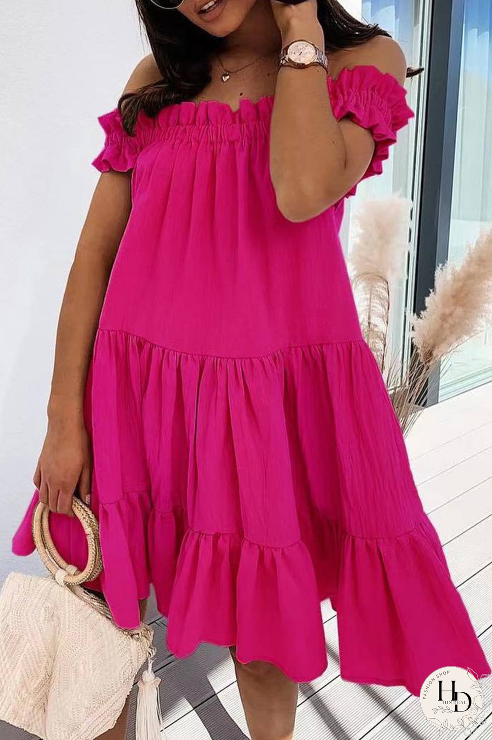 Sweet Solid Patchwork Flounce Off The Shoulder Cake Skirt Dresses(5 Colors)