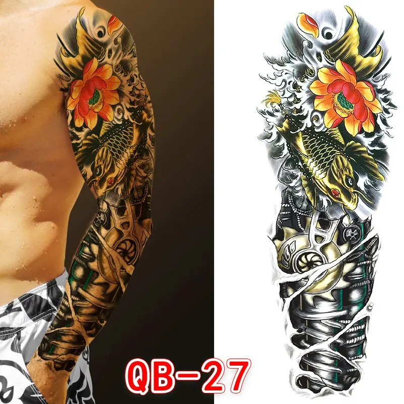 Sdrawing Men Temporary Tattoos Large Arm Sleeve Tattoo Sticker Dragon Tiger Fish Full Skull Totem Wolf Waterproof Fake Tattoo for Women