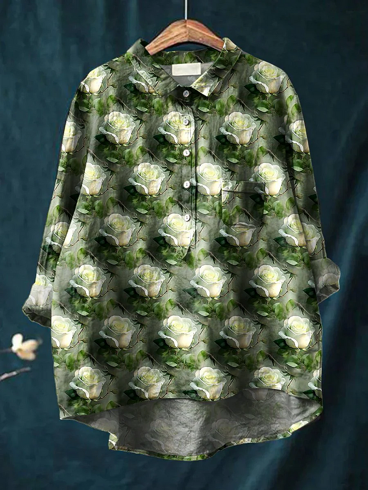 Women's Floral Art Print Casual Cotton And Linen Shirt
