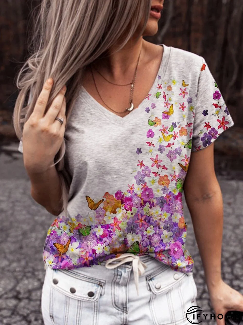 Cotton-Blend Floral Casual Short Sleeve T-shirt | IFYHOME