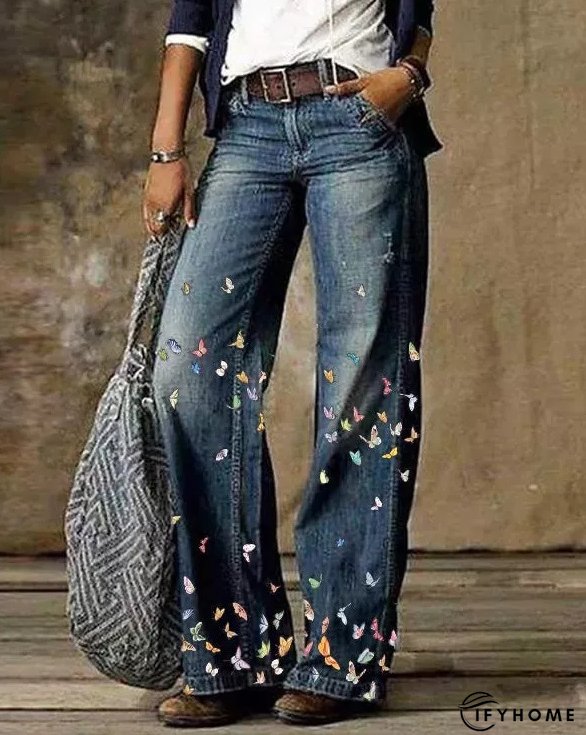 Floral Women's High Waist Straight Leg Wide Fashion Loose Jeans | IFYHOME