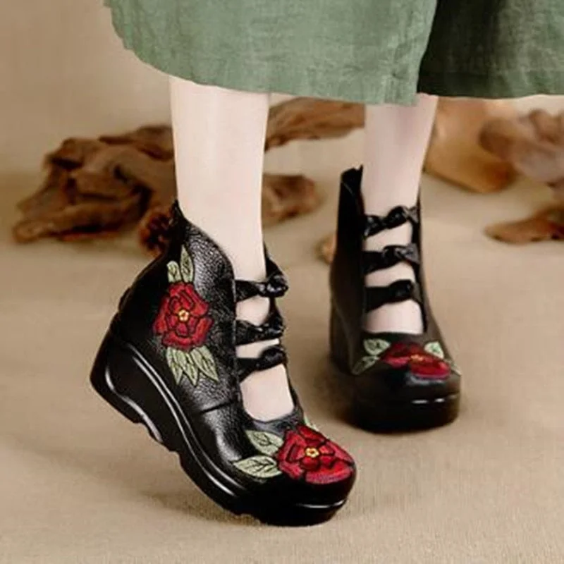 Women Flower Sandals Shoes Slope Casual Leather Shoes Fashion Embroidered Ladies Vintage Waterproof Platform Sandals for Women