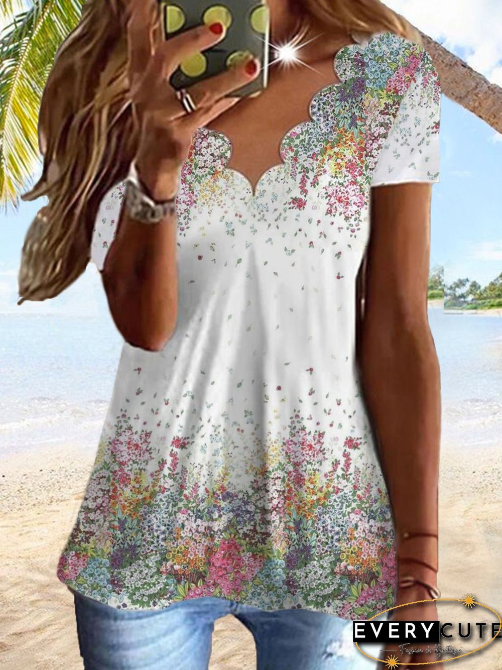 Casual V Neck Floral Short Sleeve T-Shirt
