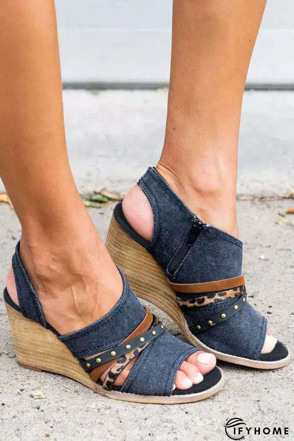 Blue Wedged Rivet Patchwork Peep Toe Denim Sandals | IFYHOME