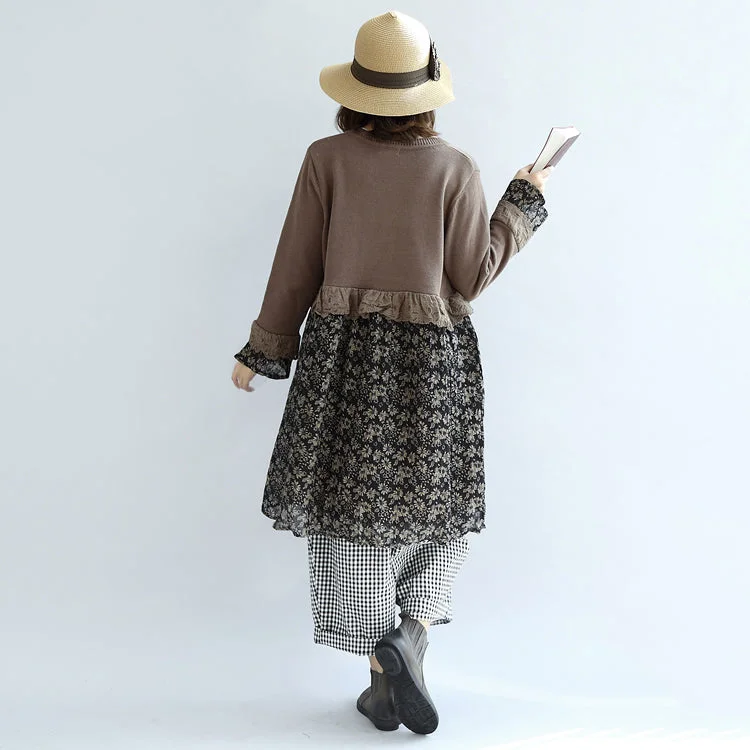 Chocolate vintage floral patchwork sweater dresses knit pullover shift dress