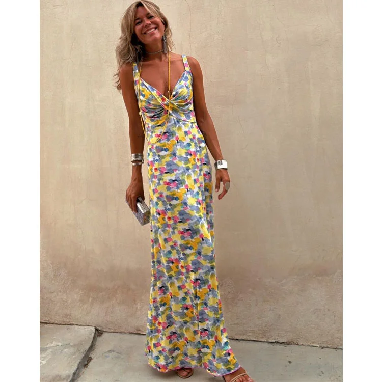 V Neck Printed Sling Dress