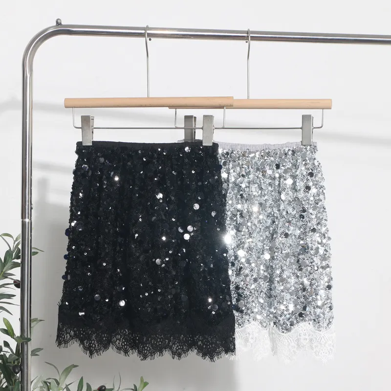 Brownm Real Shoot Spice Girl Squin A-Word Skirt Girl Summer Tight High Waist Anti-Walking Light Lace Side Hip Skirt 5551