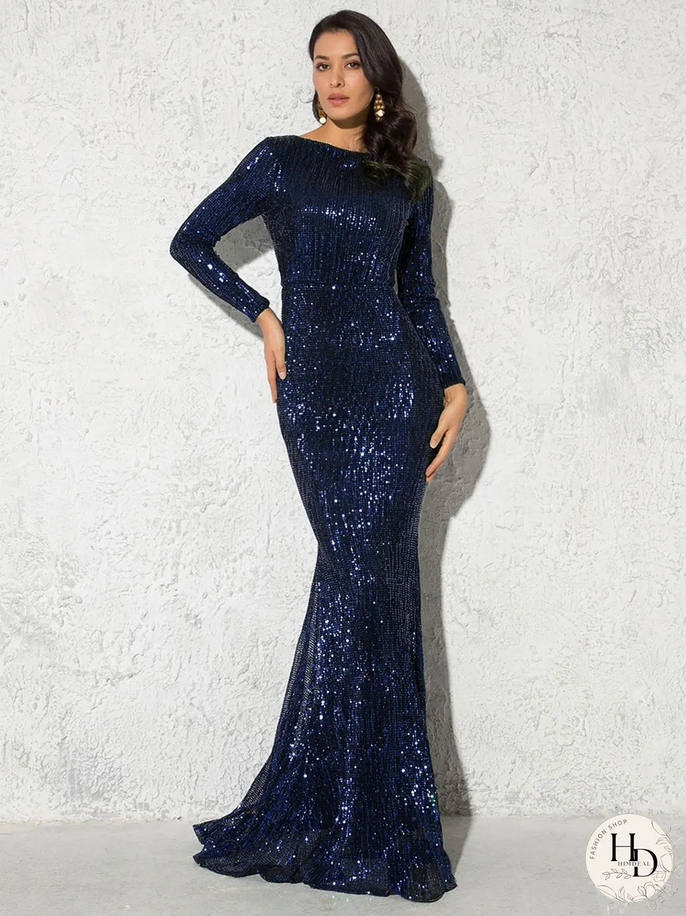Elegant neck long sleeve sequin maxi dress floor length stretchy bodycon party gold green