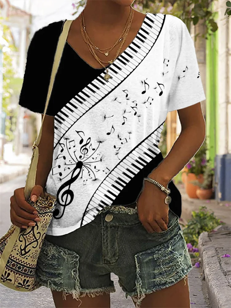 Music Notes Dandelion Piano Keys Contrast T Shirt