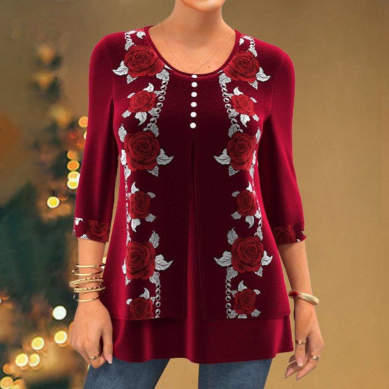 Red Roses Print Women's Casual Long-sleeved Tunic Tops