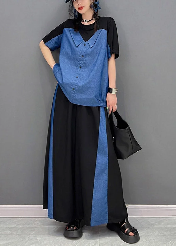 Boutique Black O-Neck Patchwork Top And Long Pants Two Piece Set Summer