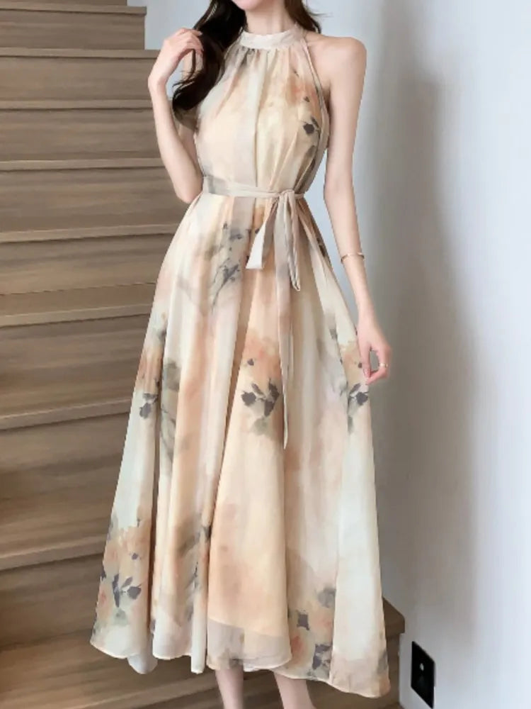 Aiertu Vintage Casual Floral Women Summer Dress Sleeveless Elegant A-Line Party Wedding Clothes Chic Belted Female Vestidos Mujers Aiertu