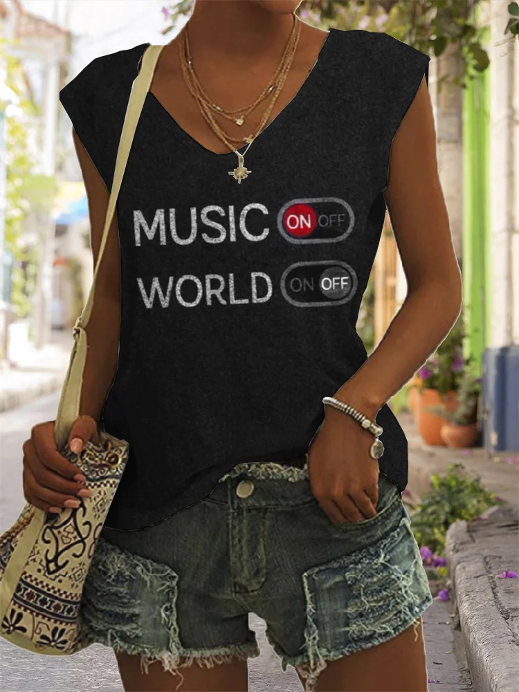 Music On World Off V Neck Tank Top