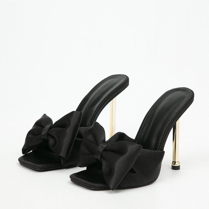 Fashion Party Metal High Heels Slippers Female Silk Butterfly-Knot Designer Gladiator Sandals Open Toe Summer Women Shoes Pumps