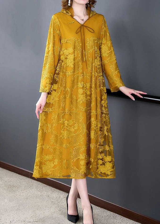 Art Yellow Hooded Embroideried Patchwork Silk Dress Spring