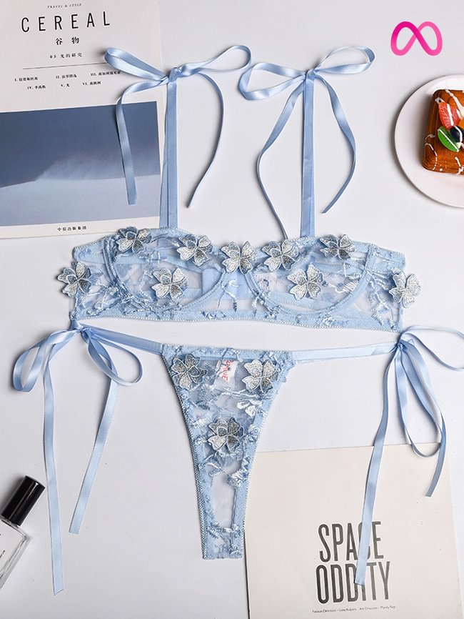 Flower Embroidery Bow Tie Bralette Set