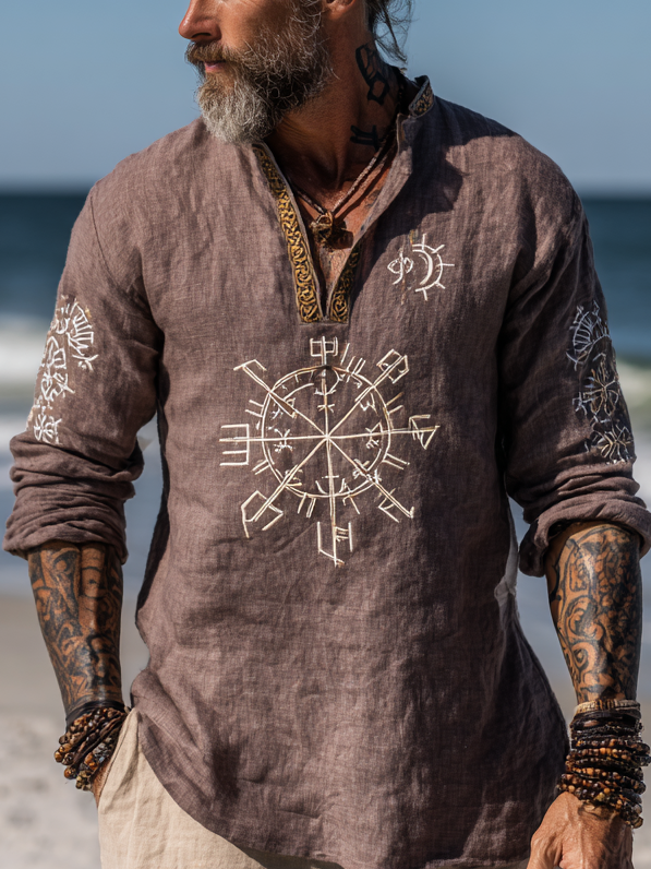 Men's Viking Compass Knot Long Sleeve Linen Henley Shirt / Rvogue / Rvogue