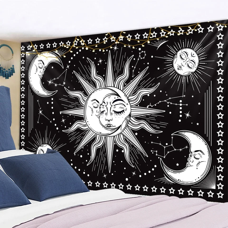 Golden Sun Moon Tapestry Wall Hanging Indian Mandala Boho Printed Psychedelic Tapiz Witchcraft Wall Cloth Tapestries