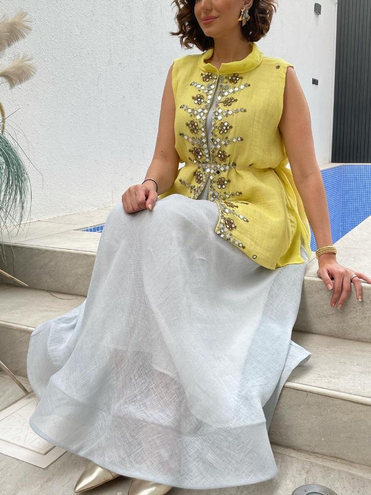 Sleeveless yellow and white color block maxi kaftan dress