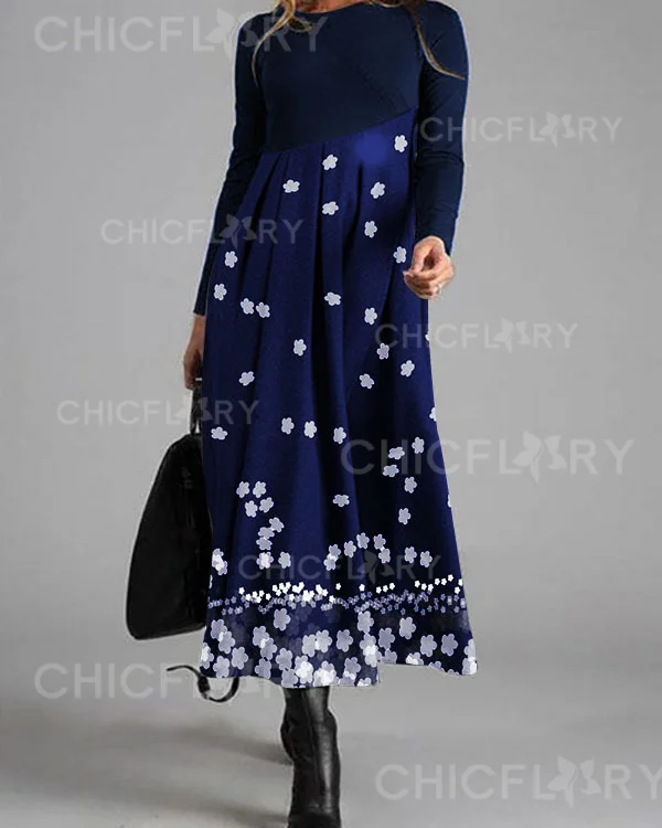 Round Neck Print Stitching Casual Long-sleeved Maxi Dress