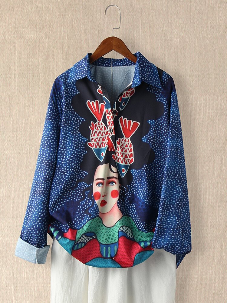 Vintage Printed Long Sleeve Turn down Collar Blouse For Women P1737991