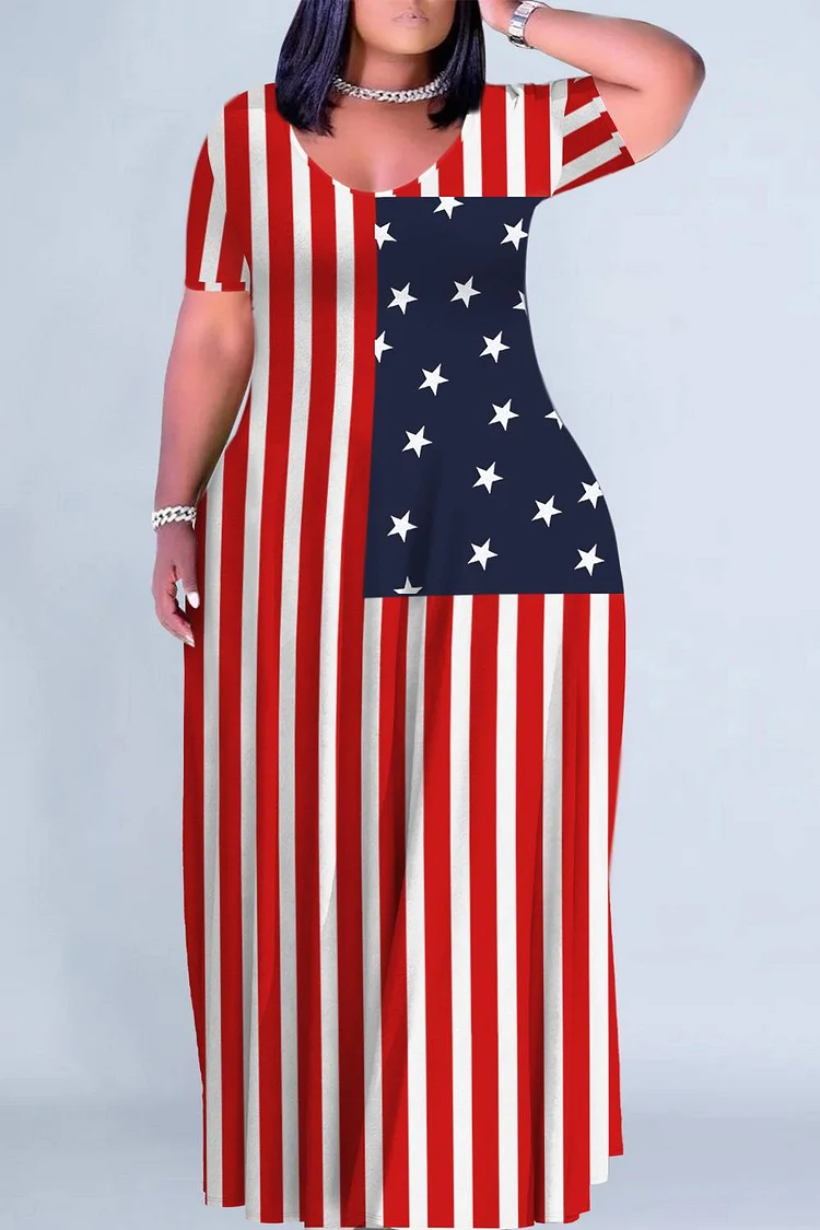 Plus Size Vacation Red All Over Print Short Sleeve Pocket Casual Maxi Dresses 2024 - Xpluswear