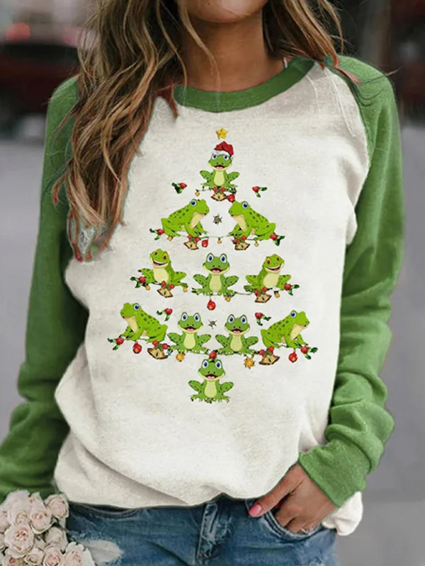 Women's Casual Christmas Print Crew Neck Long Sleeve T-Shirt Flusfy