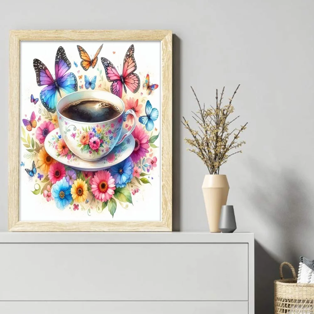 11CT Full Stamped Cross Stitch - Flower Butterfly Coffee(Canvas|40*50CM)