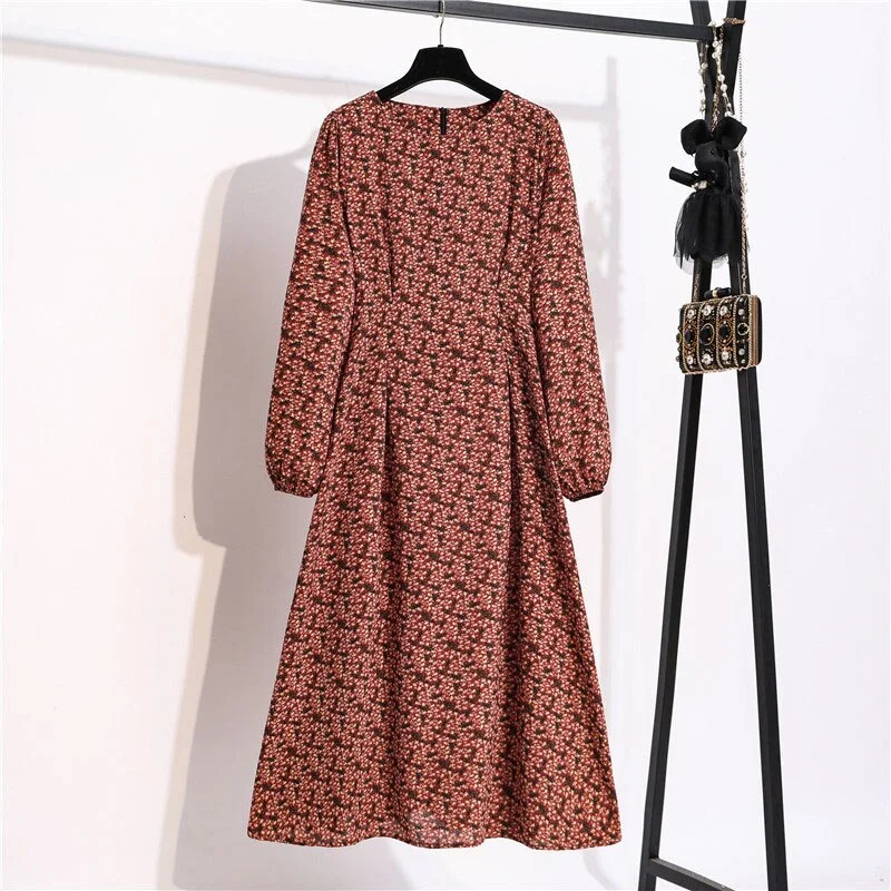 Autumn Winter Women Dress 2022 Vintage Lantern Sleeve Floral Print Chiffon Long Dress Casual A-line Elegant Party Vestidos Robe