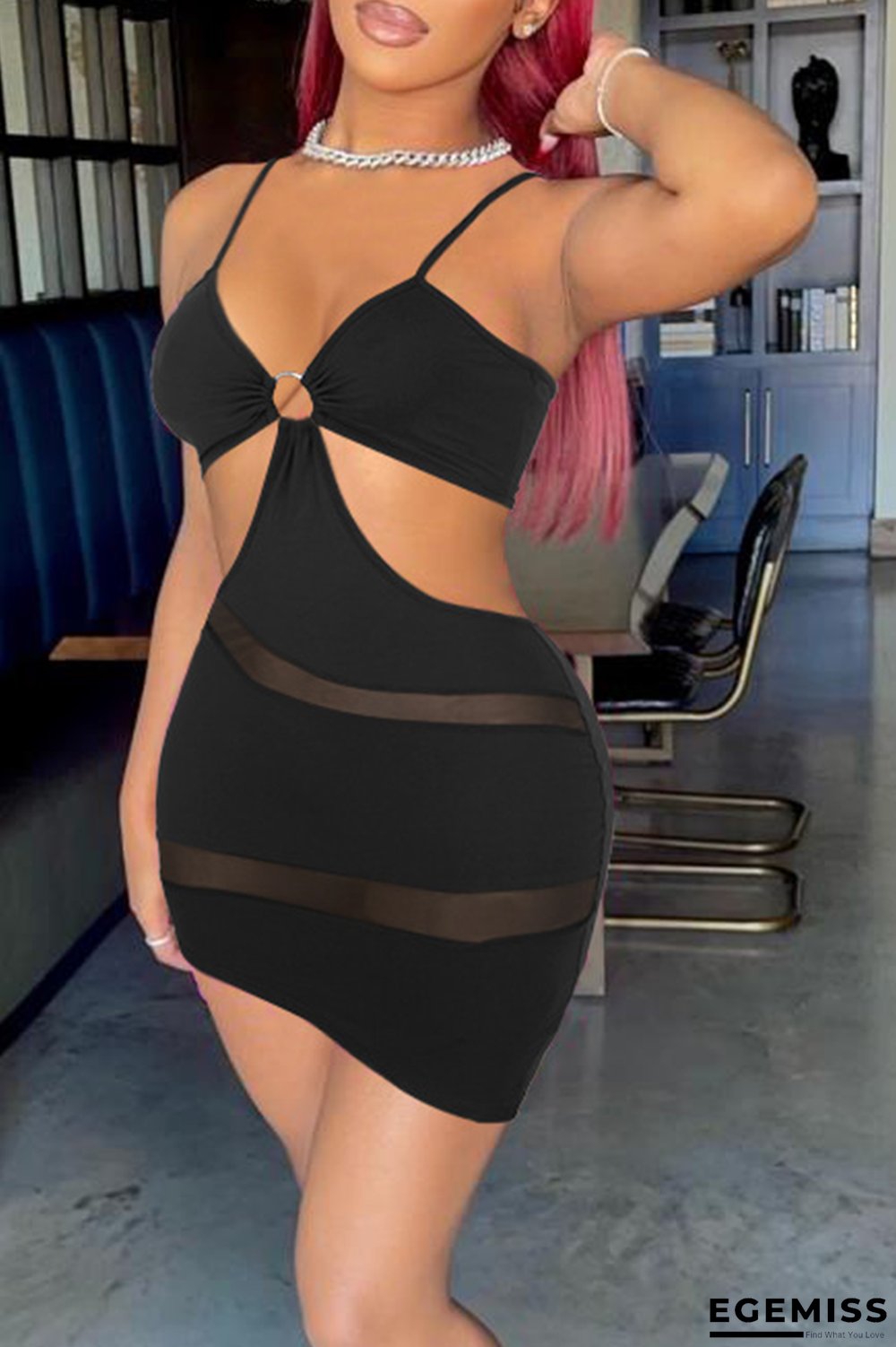 Black Sexy Solid Mesh Spaghetti Strap Pencil Skirt Dresses | EGEMISS