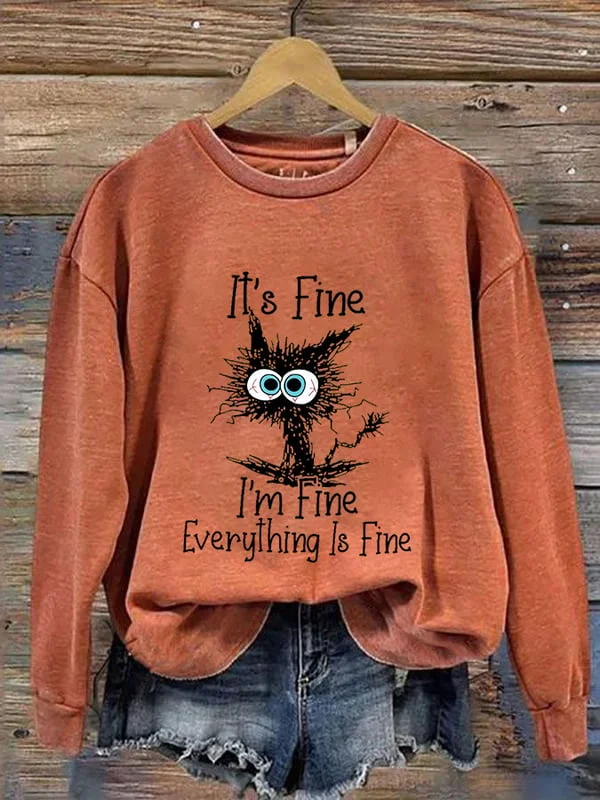 Women's Black Cat It's Fine I'm Fine Everything Is Fine Print Sweatshirt