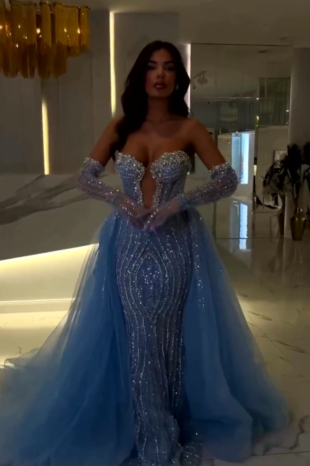 Daisda Charming Blue Strapless Sleeveless Long Mermaid Prom Dress with Beadings