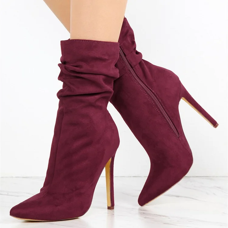 Women's Maroon Stiletto Boots Fashion Vegan Suede Pointy Toe Ankle Boots |FSJ Shoes