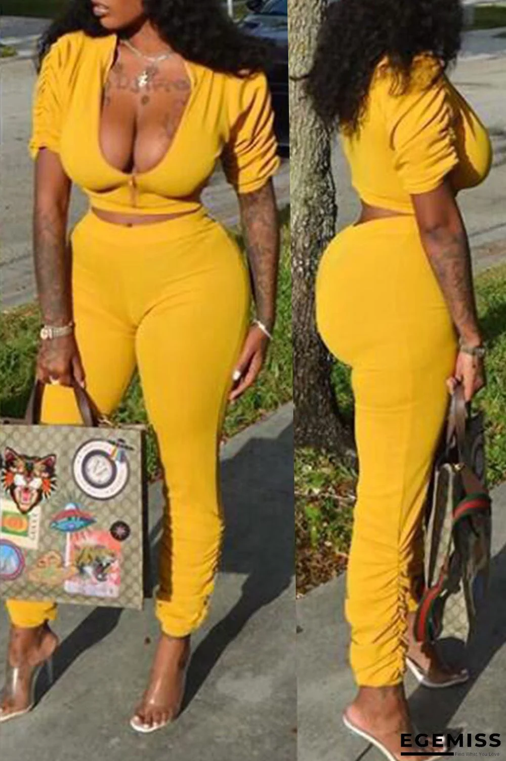 Yellow Zipper Fly Short Sleeve Solid pencil Pants Two-piece suit | EGEMISS