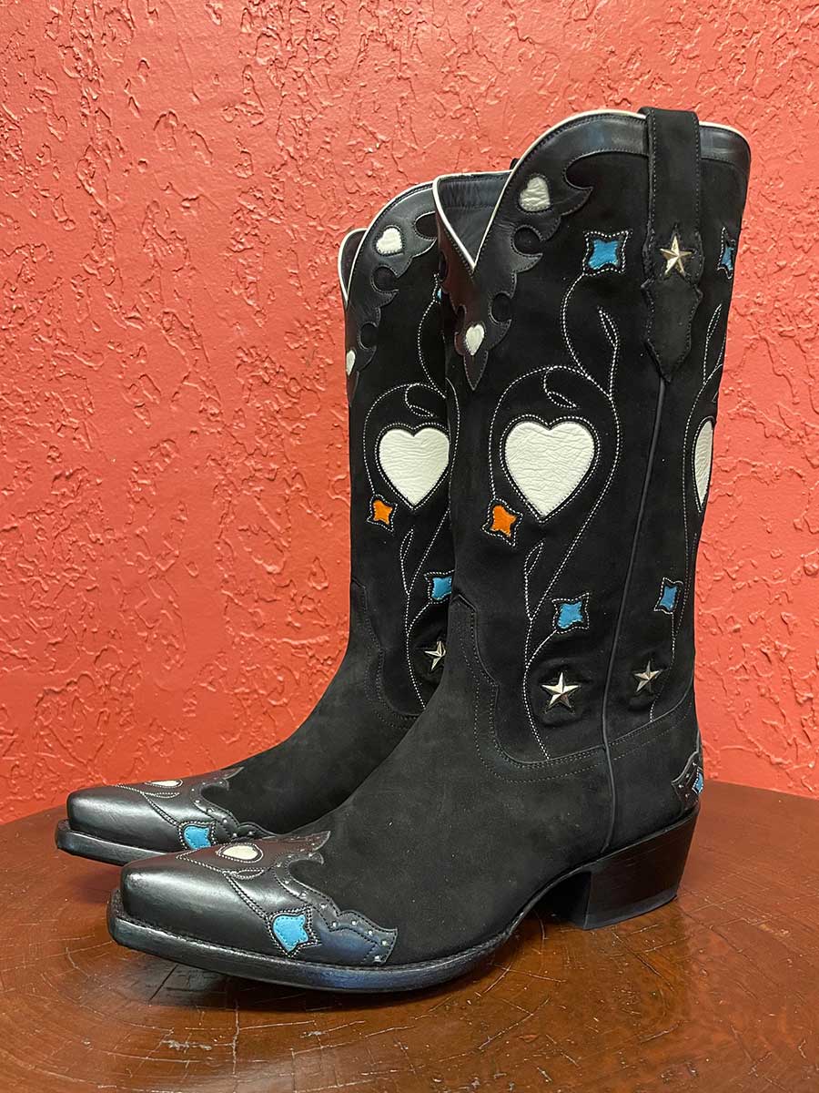 Black Snip Toe Chunky Heel Heart Inlay Mid Calf Cowgirl Boots