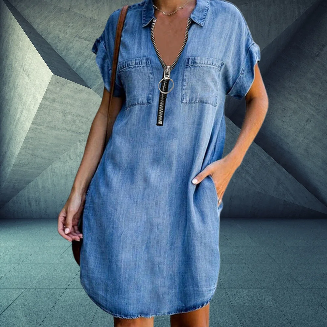 Plus Size Denim Dress Women Short Sleeve Pockets Zipper Irregular Hem Knee-length Loose Dress Set Summer Dresses for Women 2022