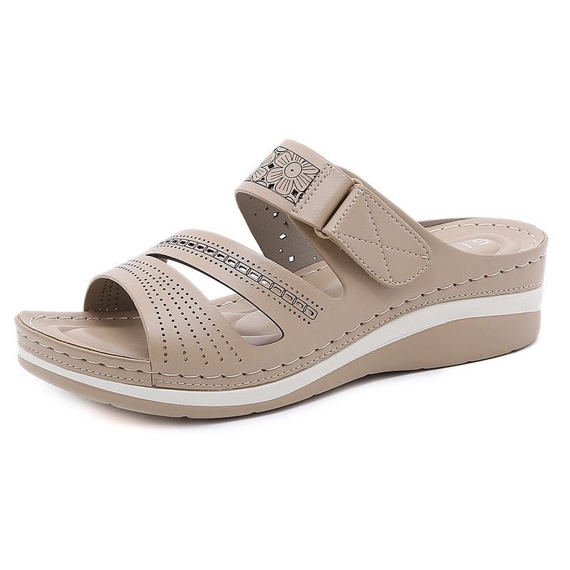 GKTINOO 2022 Women Slippers, PU Leather Shoes Comfy Platform Flat Sole Ladies Casual Soft Sandal Shopping Flat Sole Sandal
