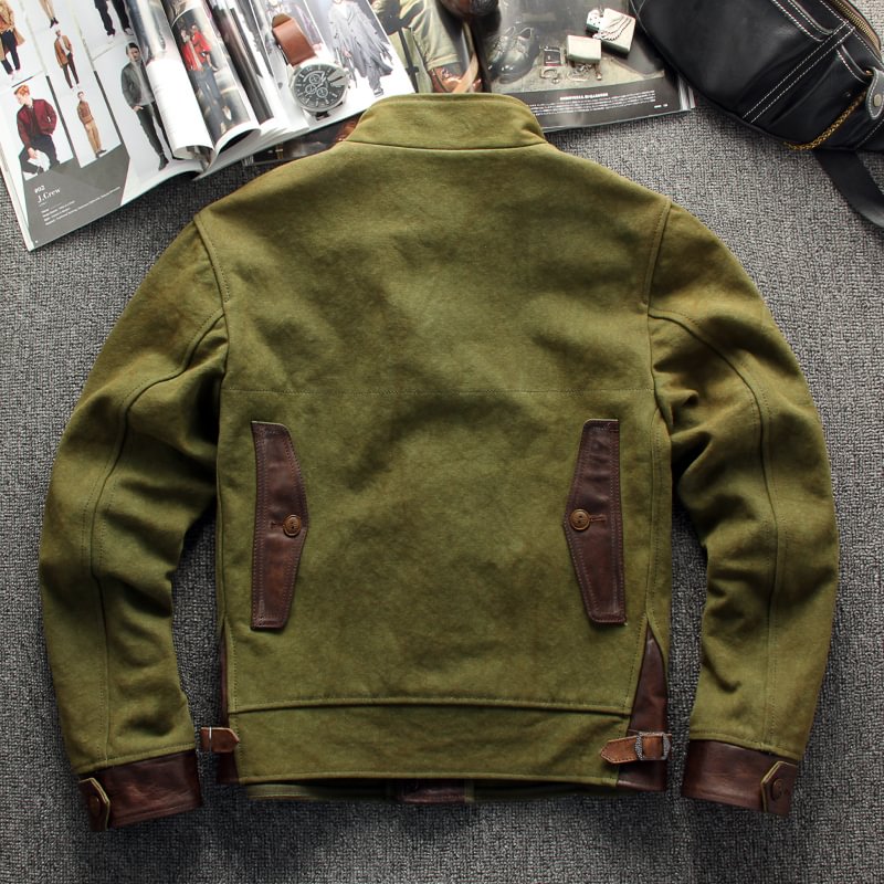 Vintage Oil Waxed Canvas Leather Biker Jacket