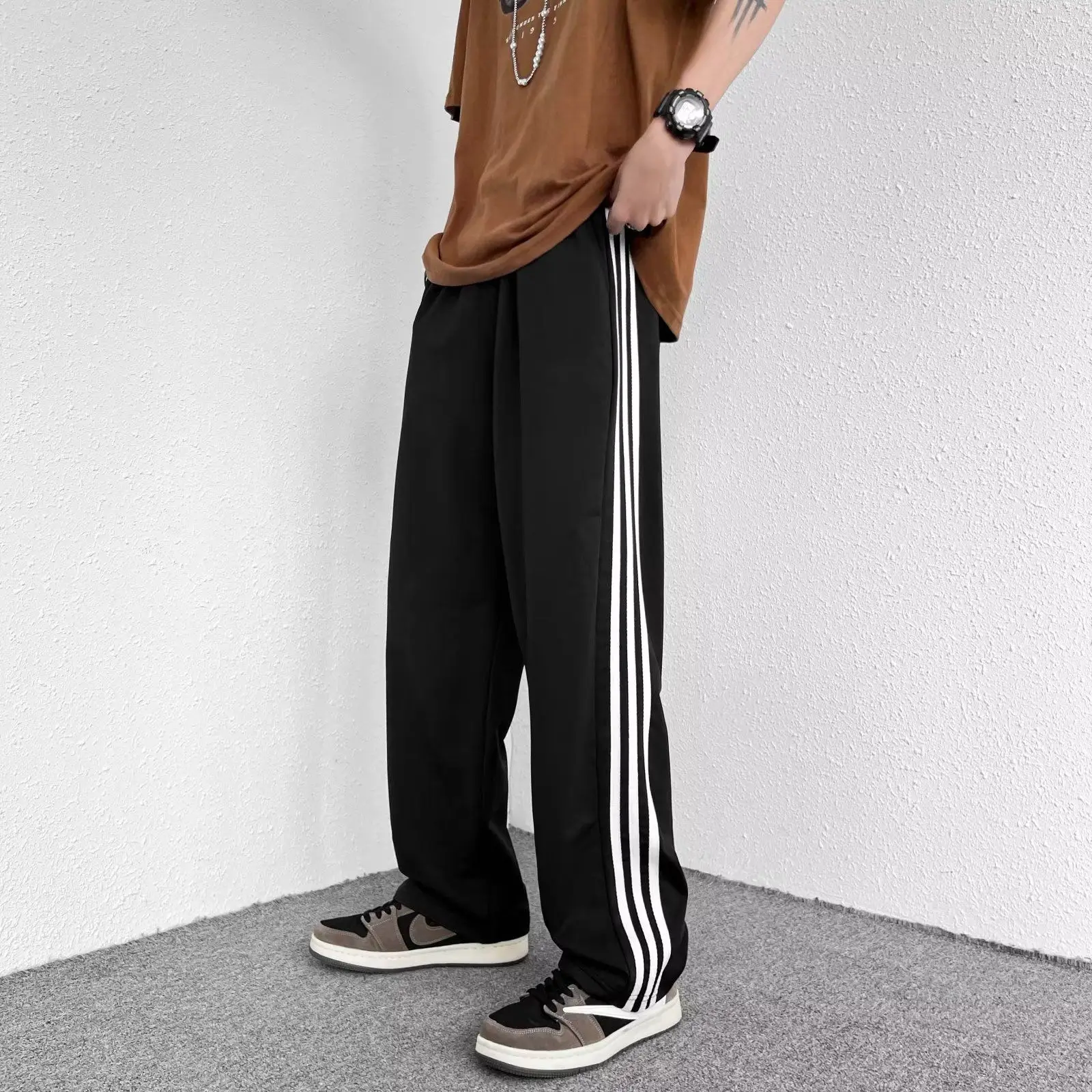 Thoval Man Sports Pants Thin with Zipper Pocket Trousers Summer Goth Striped Straight Sweatpants for Men Tracksuit Bottoms Harajuku Xxl