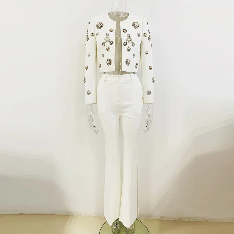 Nigikala Nigikala New Fashion Round Neck Heavy Industry Nail Beads Short Jacket Open Fork Horn Trousers Set