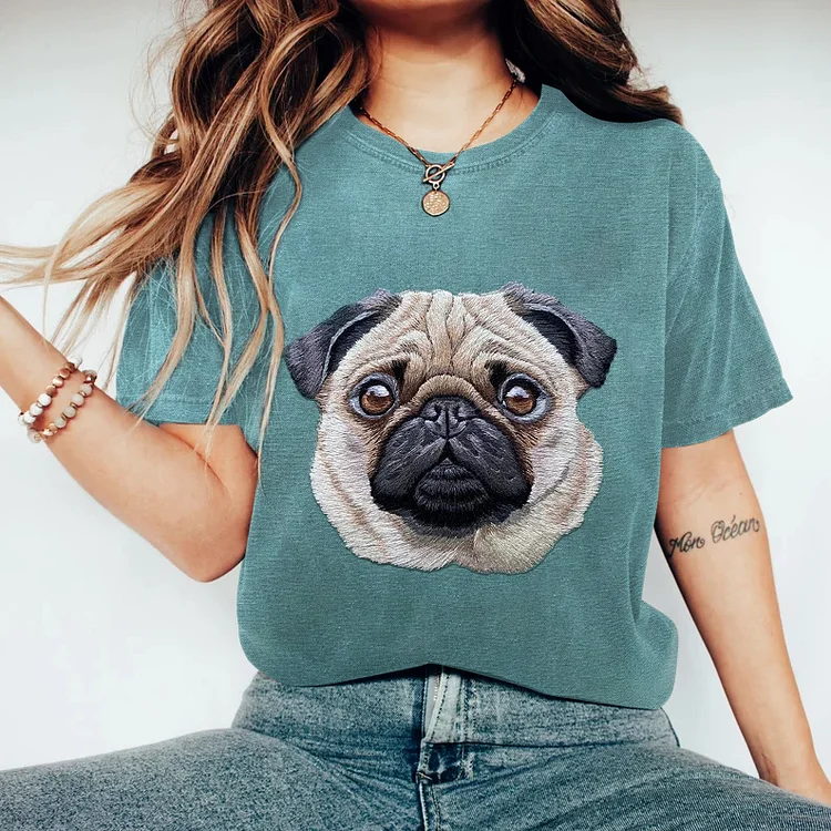 Dog Embroidery Pattern Vintage Short Sleeve T-Shirt