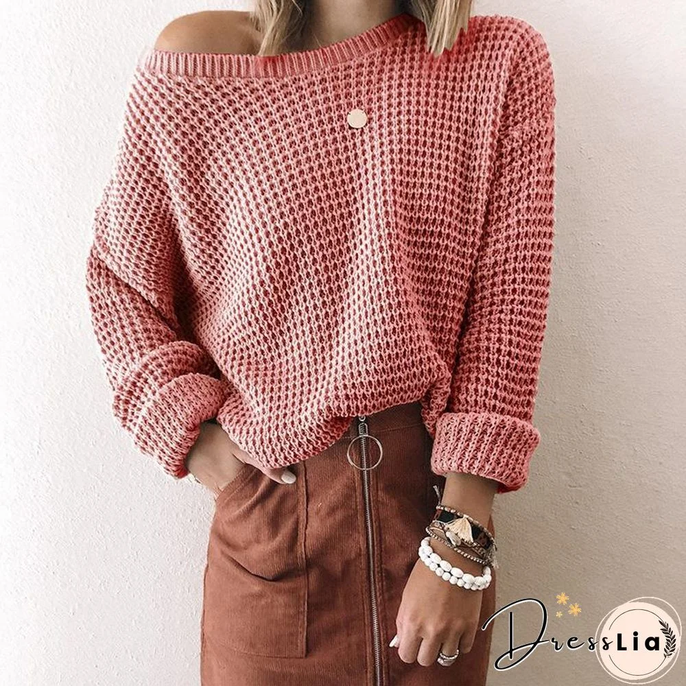 Loose Solid Color Inclined Collar Long Sleeve Knitted Sweater