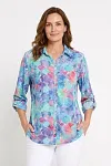 Front view of women's multicolor watercolor geometric print shirt with button front and roll-up sleeves