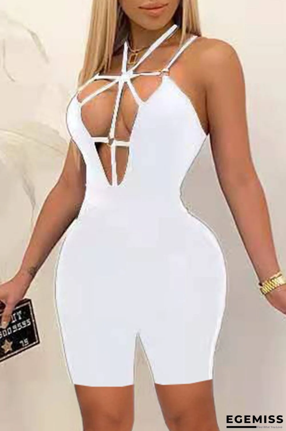 White Fashion Sexy Solid Hollowed Out Backless Spaghetti Strap Skinny Romper | EGEMISS