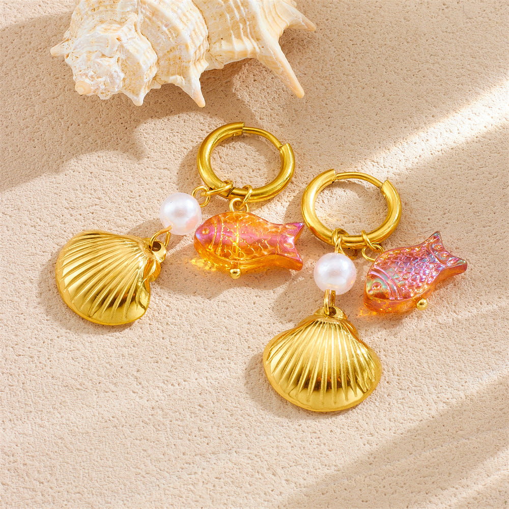 Korean Fashion Simple Design Gold-Plated Scallop Fantasy Goldfish Pendant Round Stainless Steel Earrings