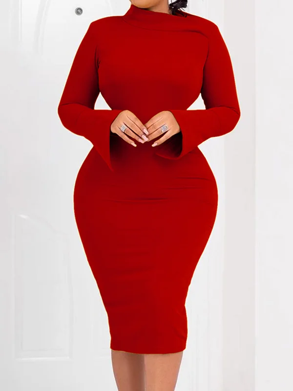 Solid Color Flared Sleeves Long Sleeves Asymmetric Collar Midi Dresses